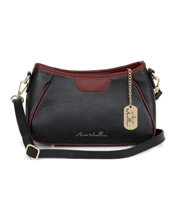 Geanta crossbody de piele cu garnituri contrastanta, Visiniu/Gri carbune
