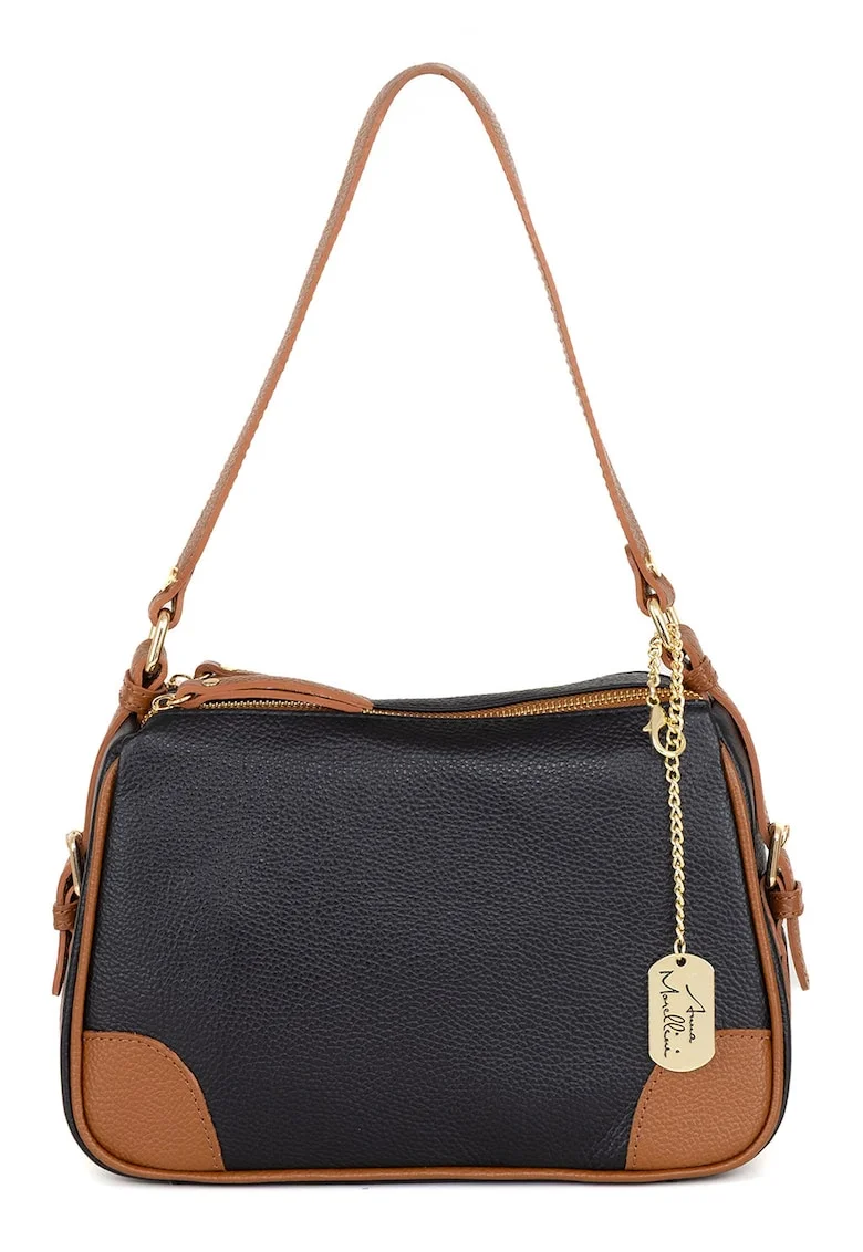 Geanta crossbody de piele cu accesoriu logo, Negru/Maro scortisoara