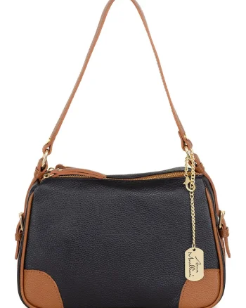 Geanta crossbody de piele cu accesoriu logo, Negru/Maro scortisoara