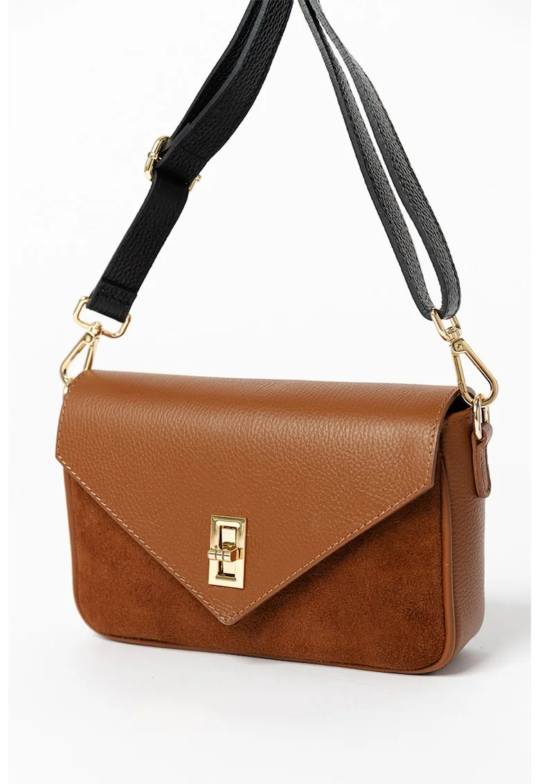 Geanta crossbody de piele cu clapa, Negru/Maro scortisoara