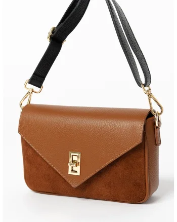 Geanta crossbody de piele cu clapa, Negru/Maro scortisoara