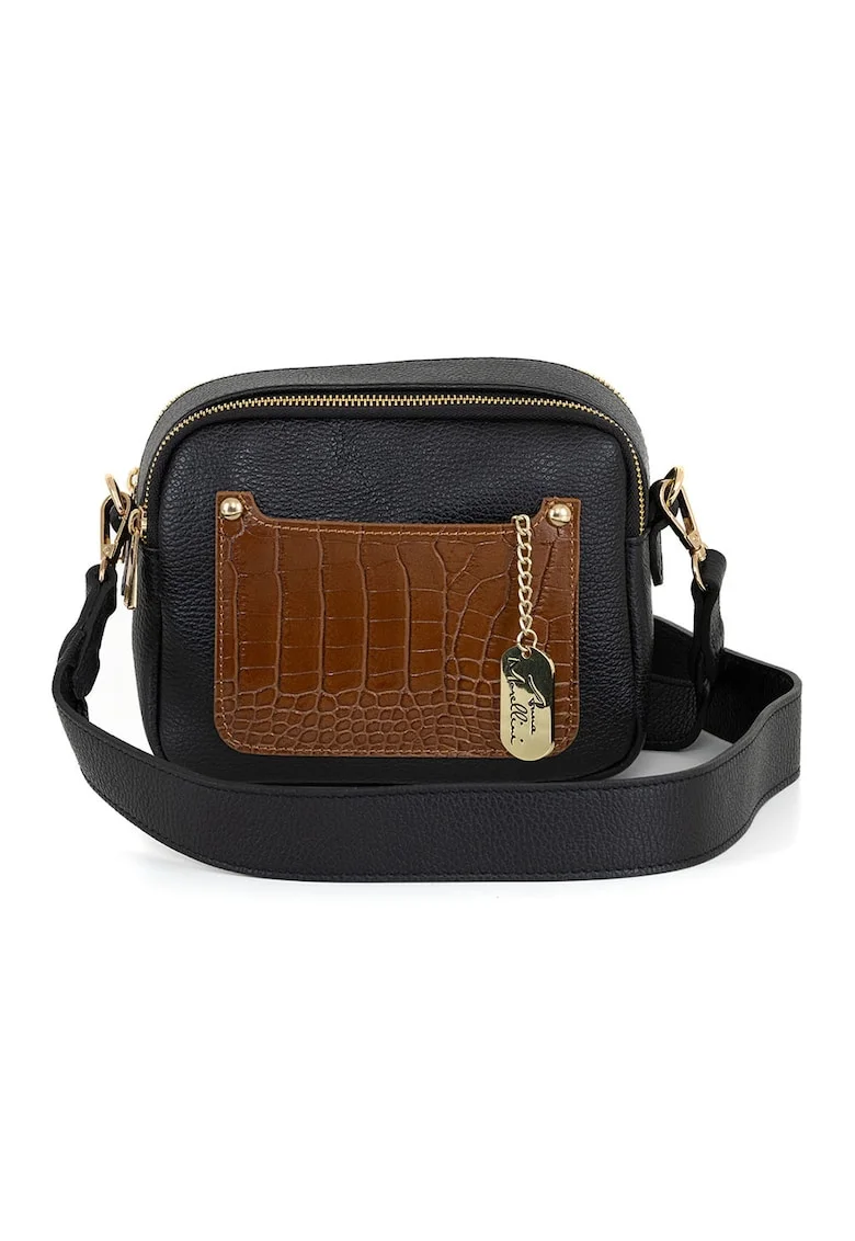 Geanta crossbody de piele cu fermoar, Negru/Maro