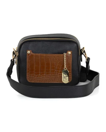 Geanta crossbody de piele cu fermoar, Negru/Maro