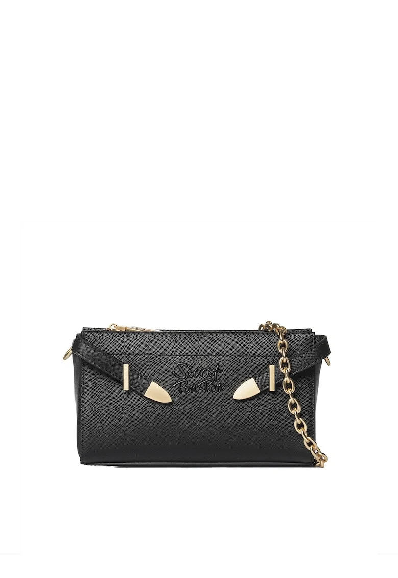 SECRET PON PON., Geanta crossbody din piele ecologica cu bareta din lant, Negru
