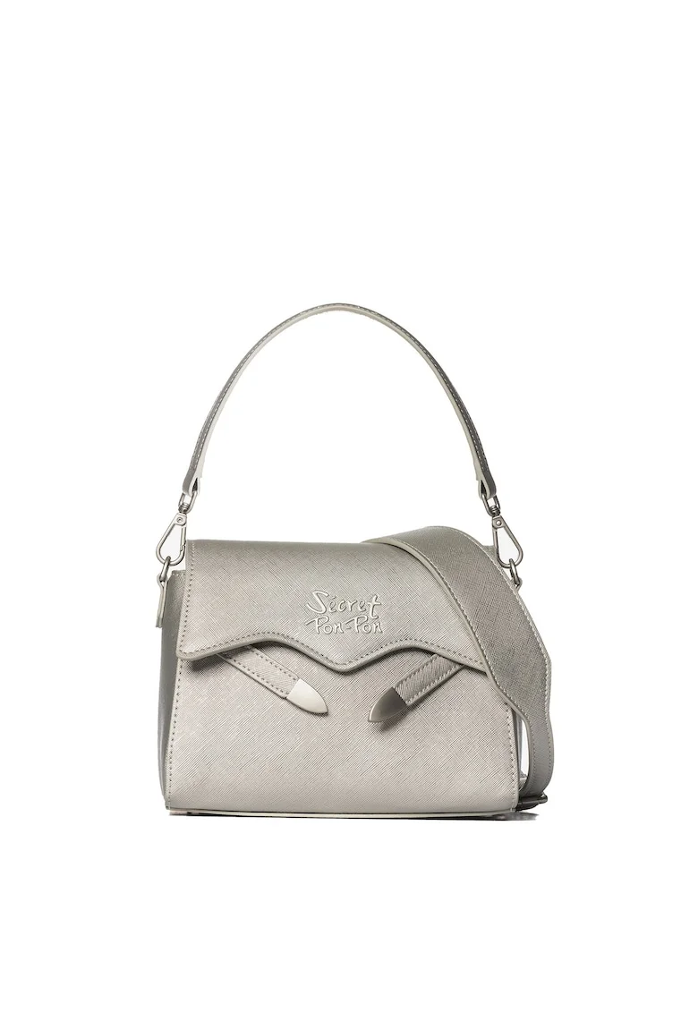 SECRET PON PON., Geanta crossbody din piele ecologica cu clapa Iduna Lux, Argintiu