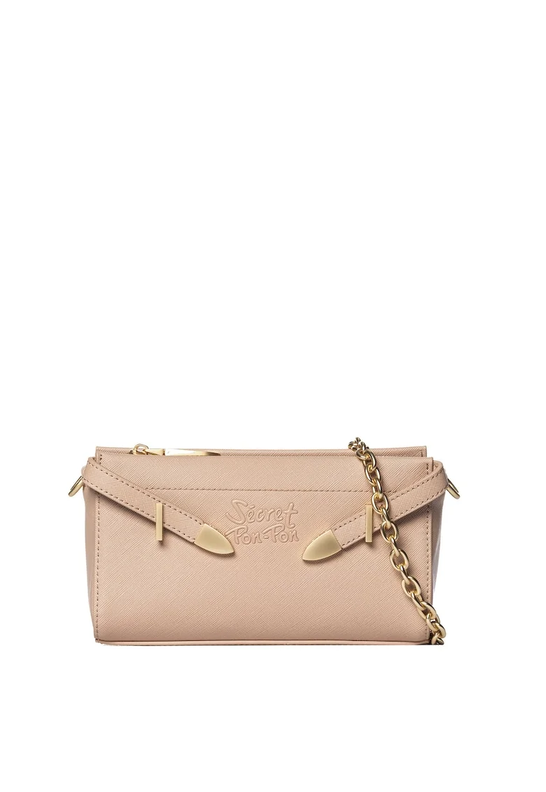 SECRET PON PON., Geanta crossbody din piele ecologica cu bareta din lant, Roz prafuit