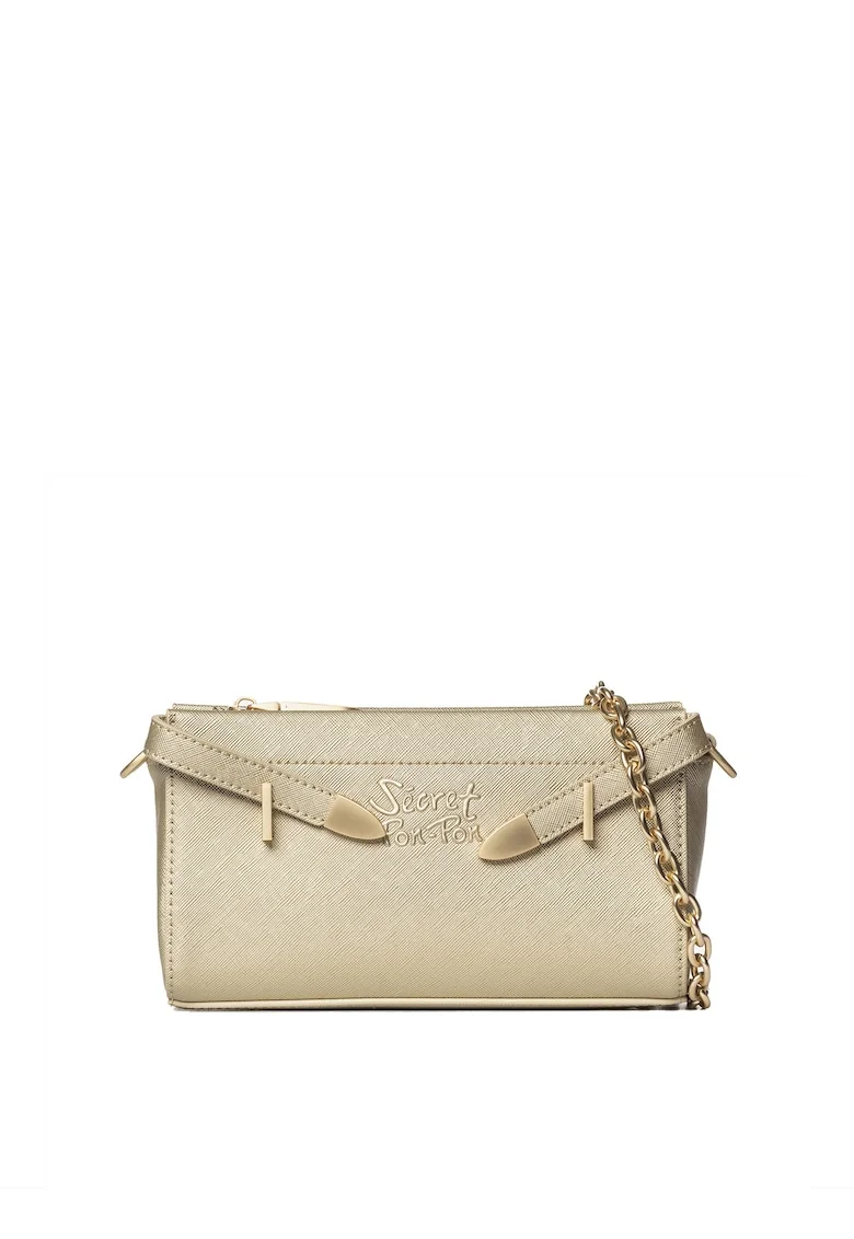 SECRET PON PON., Geanta crossbody din piele ecologica cu bareta din lant, Auriu