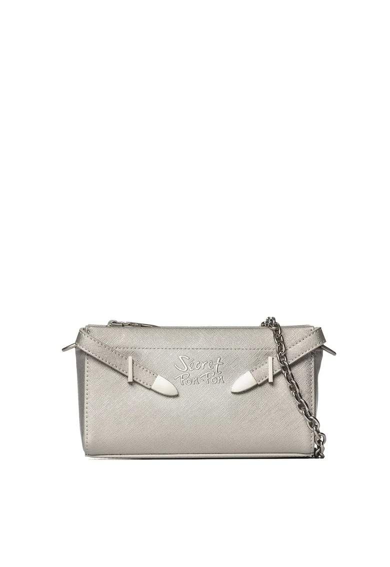SECRET PON PON., Geanta crossbody din piele ecologica cu bareta din lant, Argintiu