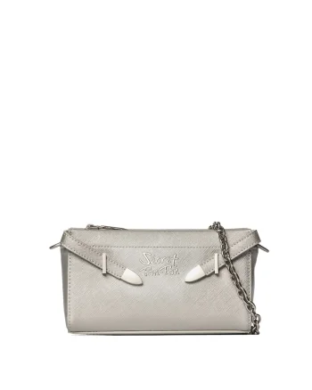 SECRET PON PON., Geanta crossbody din piele ecologica cu bareta din lant, Argintiu