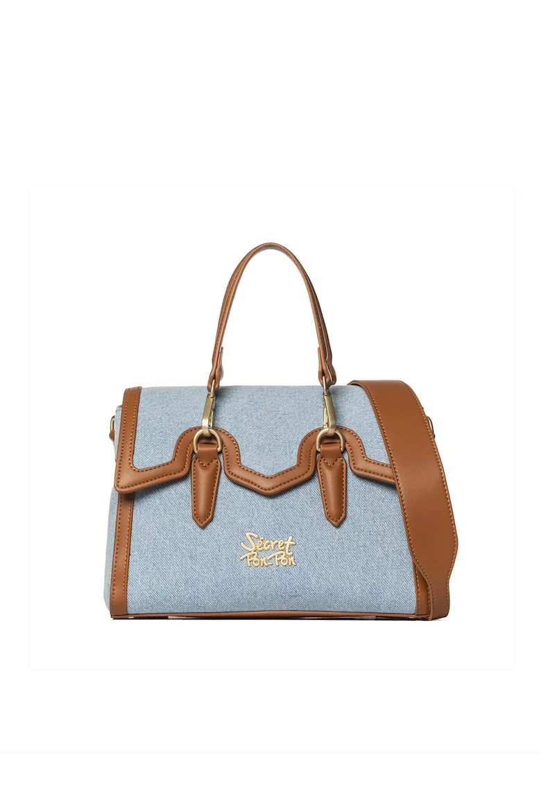 SECRET PON PON., Geanta crossbody din denim cu garnituri din piele ecologica Valoria Chic, Maro cognac/Bleumarin