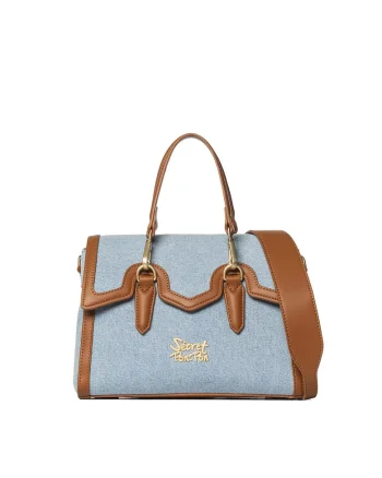 SECRET PON PON., Geanta crossbody din denim cu garnituri din piele ecologica Valoria Chic, Maro cognac/Bleumarin