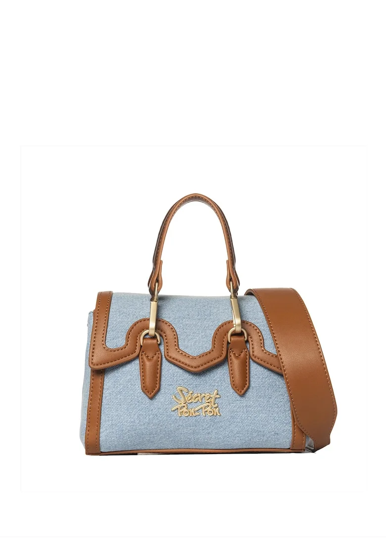 SECRET PON PON., Geanta crossbody din denim cu garnituri din piele ecologica Lisandra Elite, Maro cognac/Bleumarin