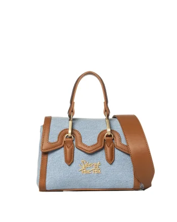 SECRET PON PON., Geanta crossbody din denim cu garnituri din piele ecologica Lisandra Elite, Maro cognac/Bleumarin