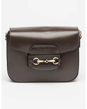 Geanta crossbody de piele cu logo, Maro inchis