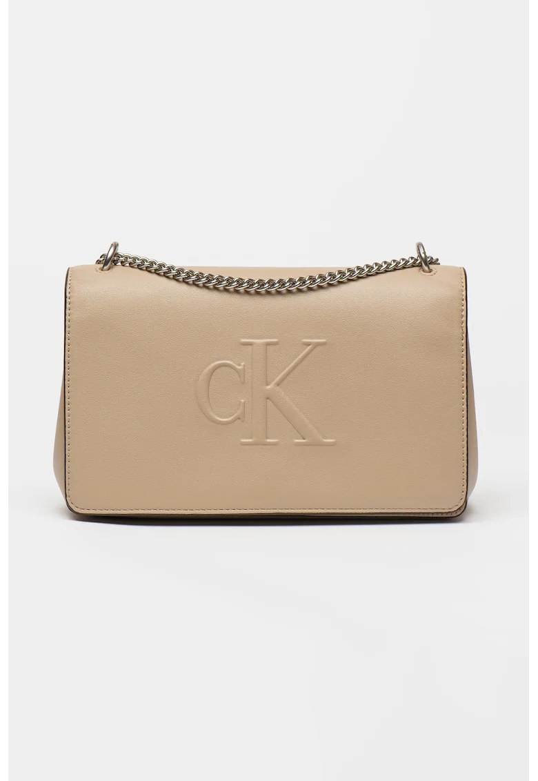 Geanta crossbody cu logo in relief, Maro taupe deschis