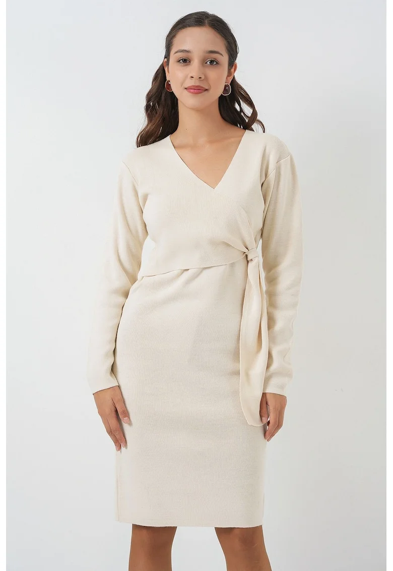 Rochie midi HiCCUP bodycon cu decolteu in V, Ecru, tricot,