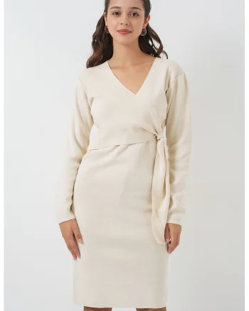Rochie midi HiCCUP bodycon cu decolteu in V, Ecru, tricot,