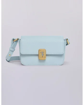 Geanta crossbody de piele cu clapa, Albastru glaciar