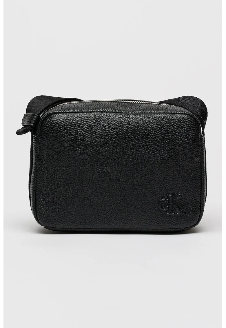Geanta crossbody de piele ecologica cu logo in relief, Negru
