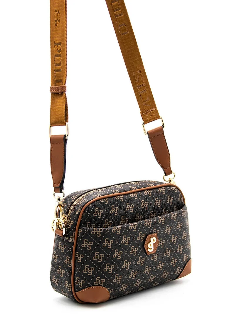 Geanta crossbody de piele ecologica cu model logo, Maro
