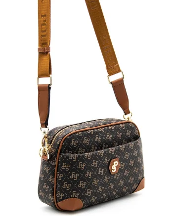 Geanta crossbody de piele ecologica cu model logo, Maro