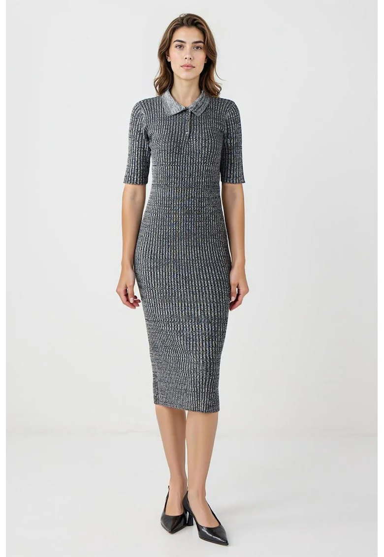 Rochie tricotata si striata cu croiala bodycon, Gri inchis melange