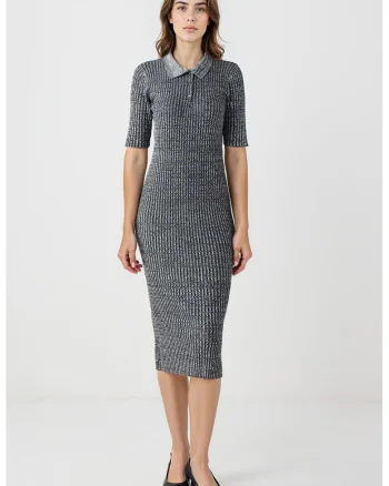 Rochie tricotata si striata cu croiala bodycon, Gri inchis melange