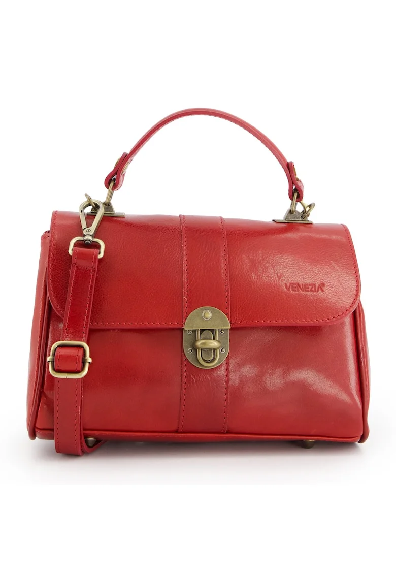 Geanta crossbody  din piele naturala, 17x26x10cm, cu manere de 24cm, curea detasabila max 124cm, 2 compartimente interioare, Rosu