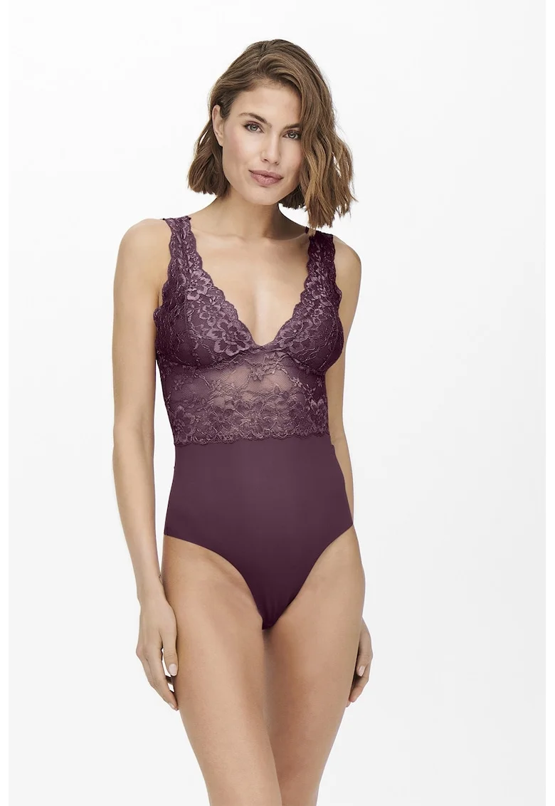 Body din dantela cu decolteu adanc in V Chloe, Violet tyrian