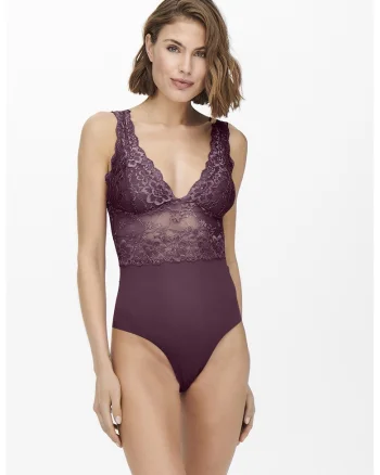 Body din dantela cu decolteu adanc in V Chloe, Violet tyrian