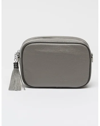 Geanta crossbody din piele cu accesoriu canaf, Gri inchis