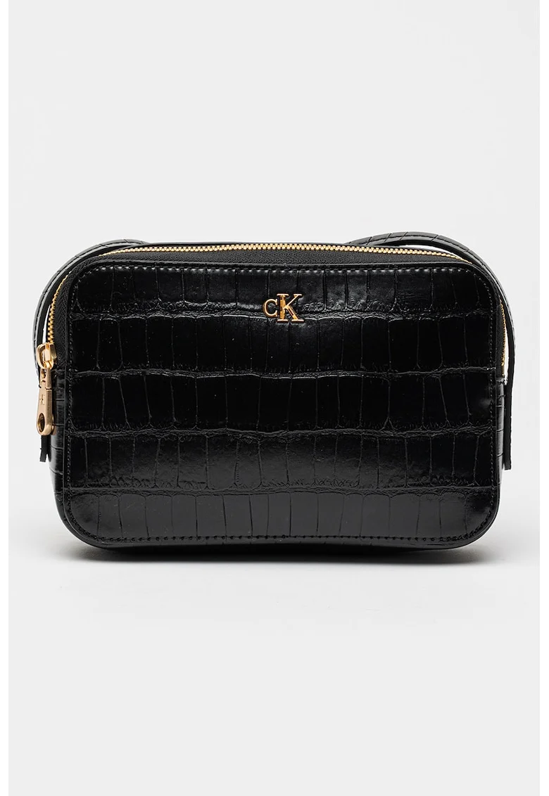 Geanta crossbody de piele ecologica cu model crocodil, Negru