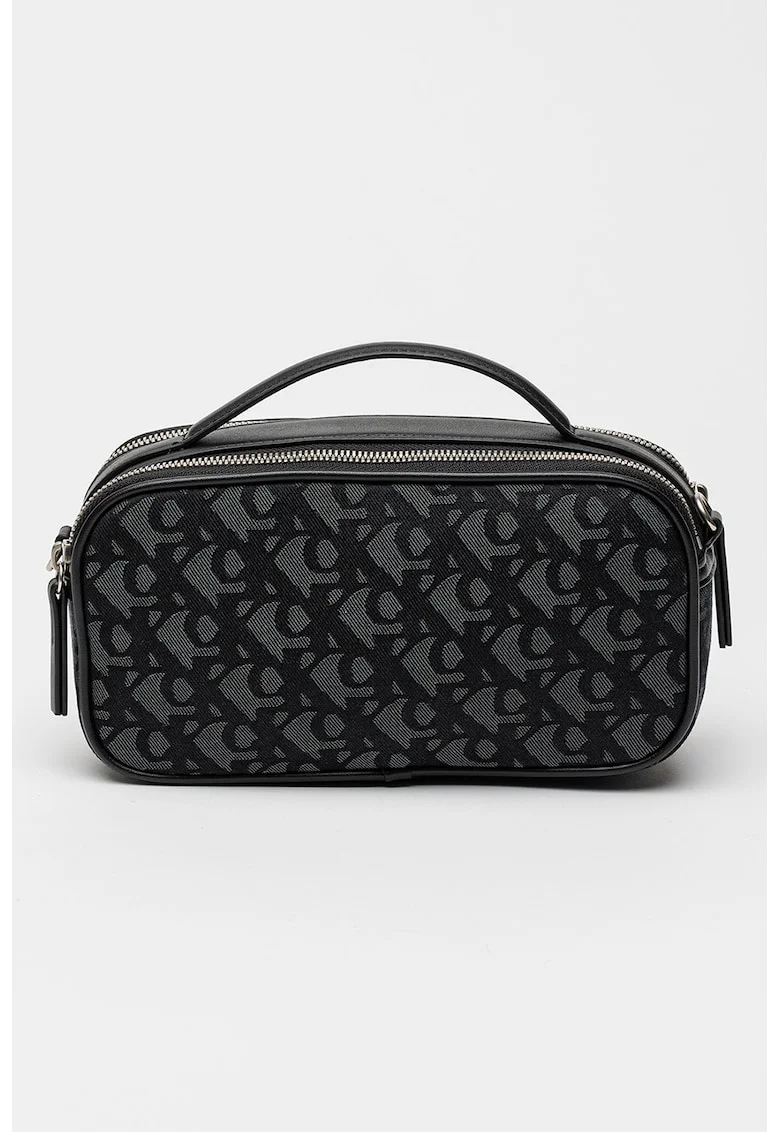Geanta crossbody cu model cu monograma si doua compartimente, Negru/Gri