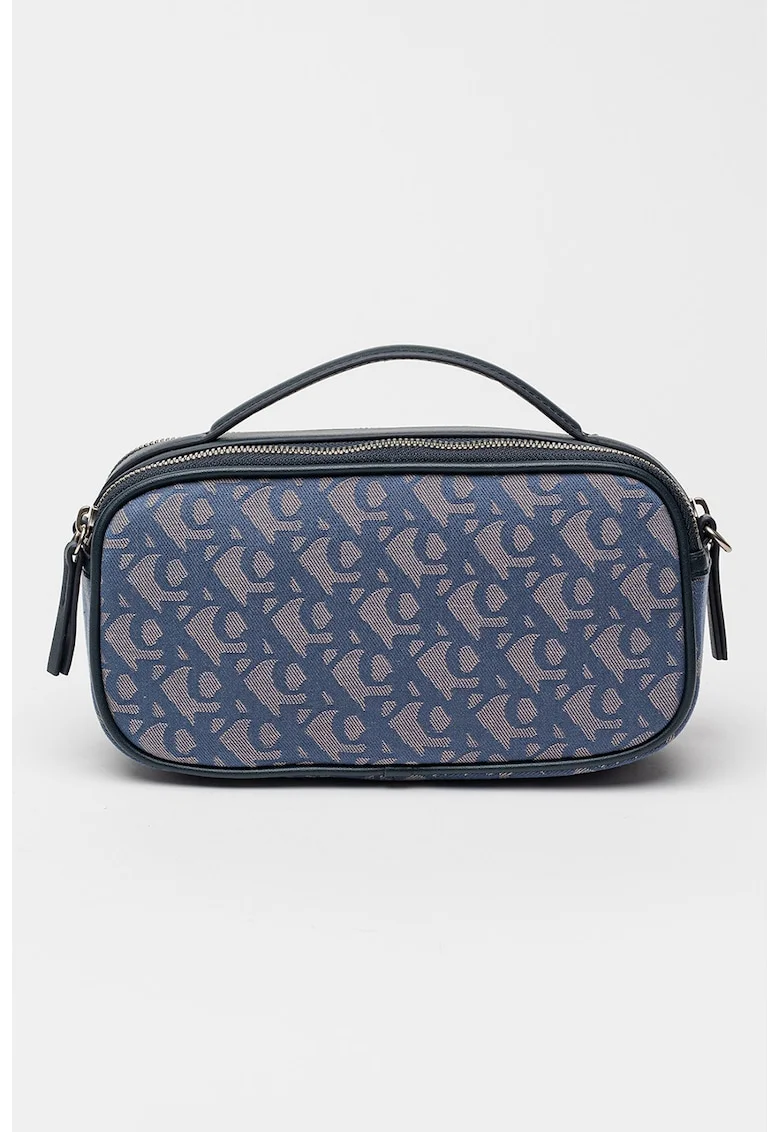 Geanta crossbody cu model cu monograma si doua compartimente, Negru/Albastru inchis