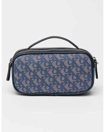 Geanta crossbody cu model cu monograma si doua compartimente, Negru/Albastru inchis