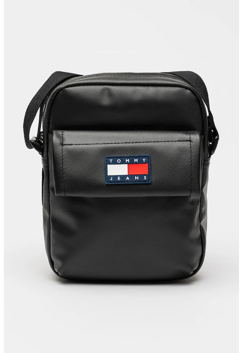 Geanta crossbody de piele ecologica cu logo, Negru