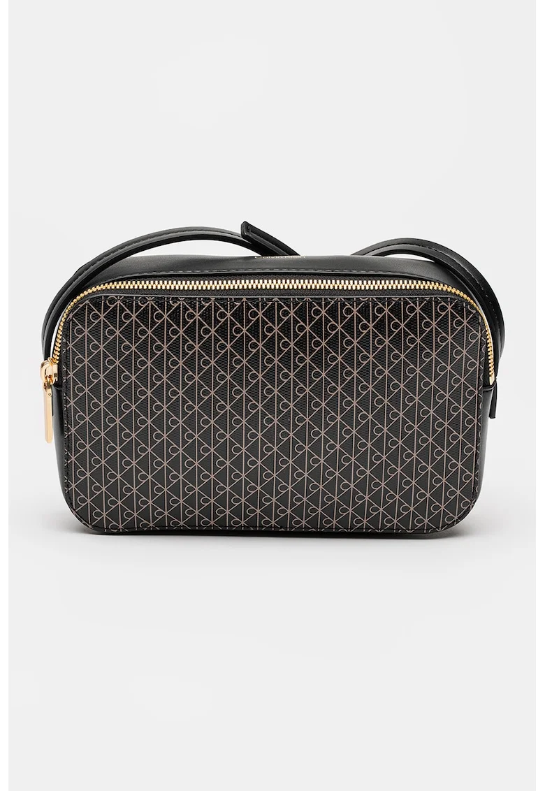 Geanta crossbody din piele ecologica cu model monograma, Negru/Maro deschis
