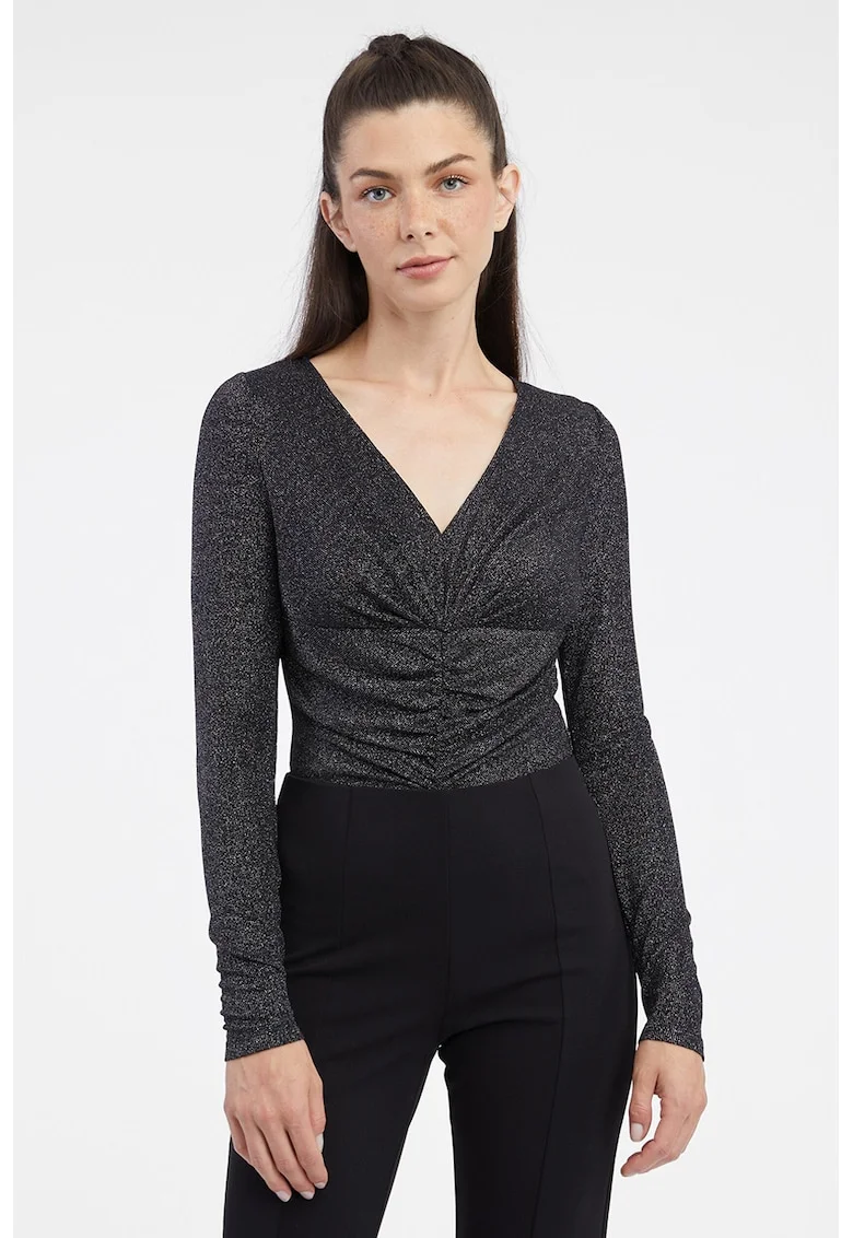 Body stralucitor slim fit cu drapaj, Negru/Argintiu