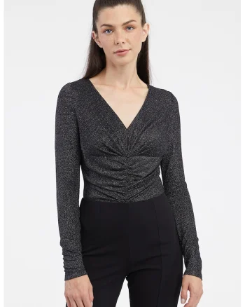 Body stralucitor slim fit cu drapaj, Negru/Argintiu