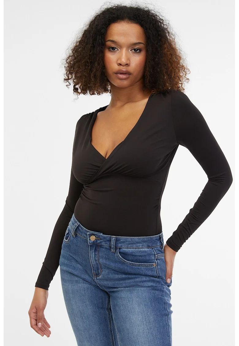 Body slim fit cu decolteu in V, Negru stins