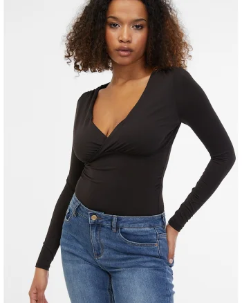 Body slim fit cu decolteu in V, Negru stins