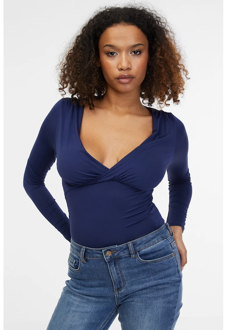 Body slim fit cu decolteu in V, Albastru inchis
