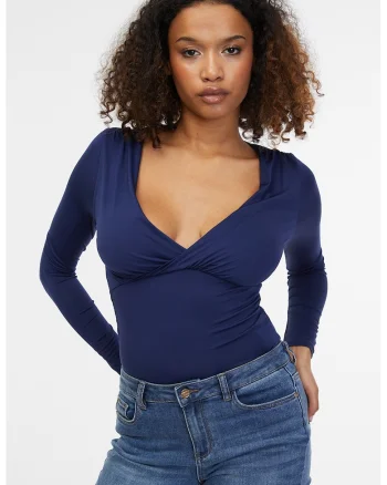 Body slim fit cu decolteu in V, Albastru inchis