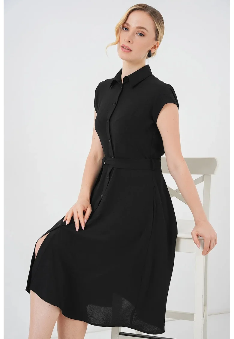 Rochie Midi HiCCUP, A-line, guler camasa, negru, textil