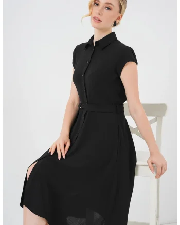 Rochie Midi HiCCUP, A-line, guler camasa, negru, textil