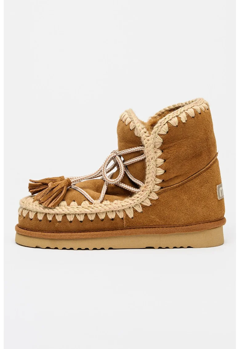 Ghete slip-on de piele intoarsa si lana cu sireturi Eskimo 18, Maro/Bej
