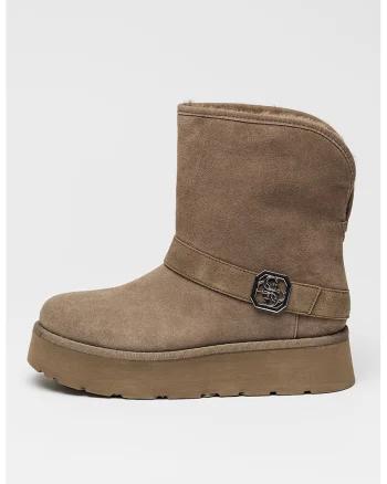 Ghete slip-on de piele intoarsa ecologica cu captuseala de blana sintetica, Kaki