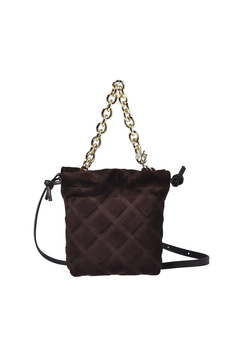 Geanta crossbody din piele intoarsa cu bareta din lant, Maro inchis
