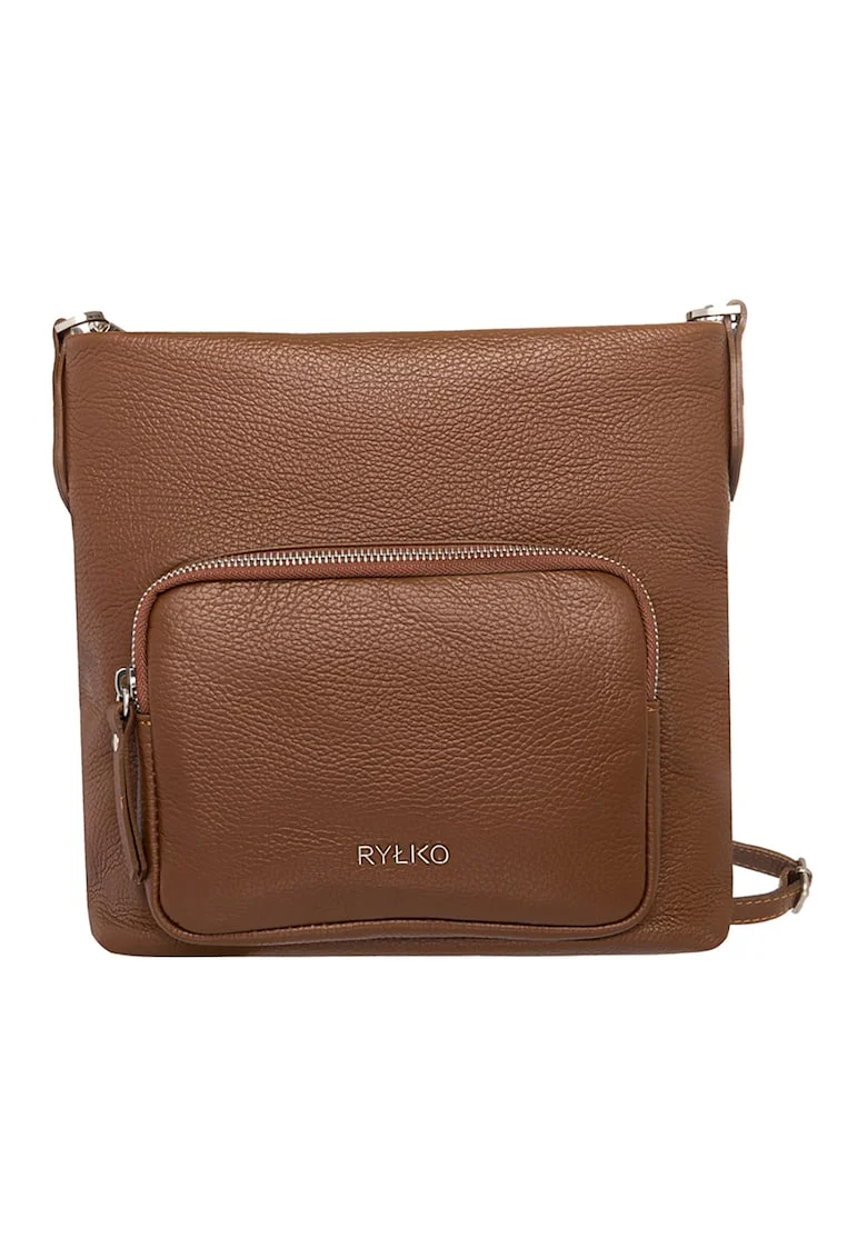 Geanta crossbody de piele cu buzunare exterioare, Maro scortisoara