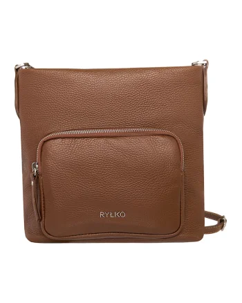 Geanta crossbody de piele cu buzunare exterioare, Maro scortisoara